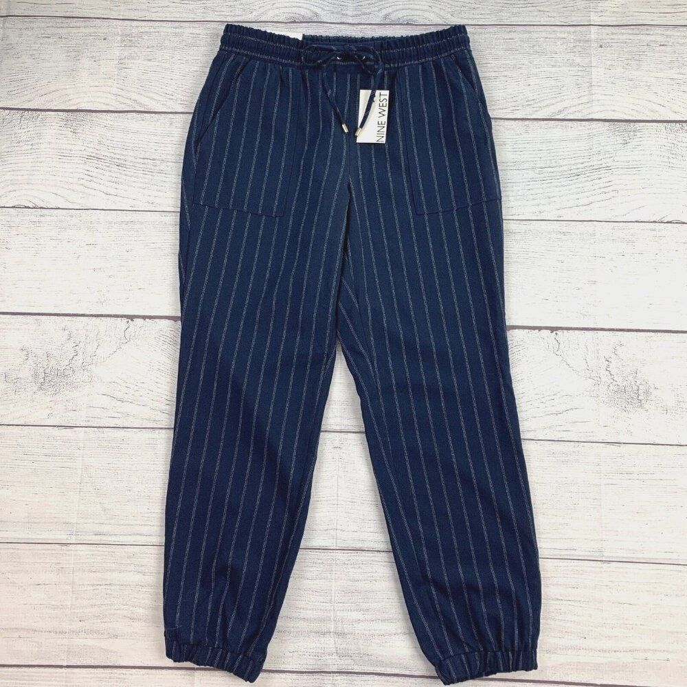 Nine West Pants M 8 10 Navy Striped Jogger Tie Waist Inseam 27.5" New NWT